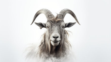 a goat wearing a white hat stands confidently in the center of a white background. this captivating photo, reminiscent of the styles of caras ionut, ingrid baars, and aries moross, features a strong facial expression. with a monochromatic color scheme, this national geographic-worthy image was captured using a long exposure technique. ai generatedの素材