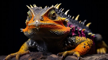 a close-up photo of a vibrant lizard showcasing bright colors, rendered in the style of vray tracing. the lizard stands out against a black background, with its scales displaying a striking combination of light amber and purple hues. the spiky mounds on its body add texture, while softbox lighting highlights its strong facial expression. the image is enhanced by the use of varied brushwork techniques.の素材