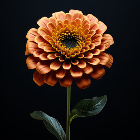 zinnia flower, with photorealistic detail, stands elegantly against a black background. inspired by organic architecture and the works of cicely mary barker and martin puryear, this high contrast shot captures the essence of native brasilian motifs. the image showcases the flower's graceful curves, merging artistry and nature seamlessly. ai generatedの素材