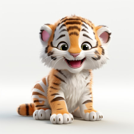 tiger cub with a smile on his face, rendered in the style of unreal engine. playful cartoon illustrations by miki asai showcase detailed character expressions. the light white and white colorization adds a vibrant touch to this adorable image. hurufiyya influences can be seen in the artistic elements. ai generatedの素材