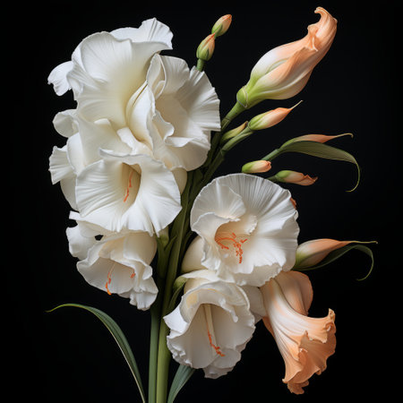 a gladiolus flower, with its vibrant petals and slender stem, is captured in a photorealistic style against a striking black background. the image showcases intricate details, reminiscent of organic architecture. influenced by artists such as cicely mary barker and martin puryear, the high contrast shot highlights the graceful curves of the flower. native brazilian motifs add a touch of cultural inspiration to this captivating composition.の素材
