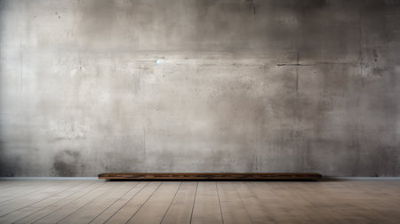 an empty concrete wall with a wooden bench and floor, showcasing the light bronze and gray style of the american studio craft movement. this composition, reimagined by industrial light and magic, displays panel composition mastery and exudes a rustic charm. the highly polished surfaces add a touch of elegance to this ballet academia-inspired scene. ai generatedの素材