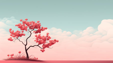 an abstract red tree in the sky stands alone on an empty field, showcasing the kawaii aesthetic. this hyper-detailed rendering combines elements of traditional chinese art with soft colors and clean, simple designs. the atmospheric clouds add depth and tranquility to this captivating wallpaper. ai generatedの素材