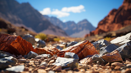 a majestic mountain captured in a godly realistic close-up, showcasing the photo realism and vibrant colors of the rocks. the brittle yet beautiful landscape appears dry and elegant, with rich and vivid contrast. shot on a 100mm lens at f/2.0, the image boasts a crisp depth of field and striking black tones. the natural lighting adds to the realistic and impressive feel of this 8kの素材