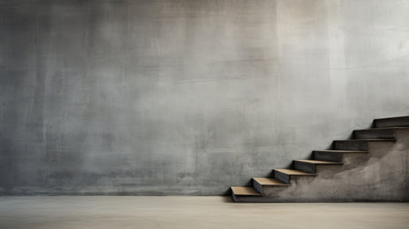 wooden stair with concrete wall and floor, featuring a matte background and industrial minimalism. the light silver tones complement the minimalist stage designs and monochromatic artworks. the eco-friendly craftsmanship is evident in the use of dark, muted colors, creating a stylish and sustainable aesthetic. ai generatedの素材