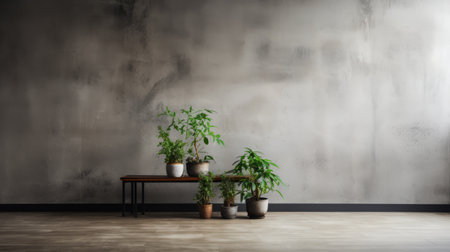 a black concrete wall serves as the backdrop for a wooden table adorned with gray and white flowerpots. this 3d rendered image captures the essence of urban culture exploration, with a smokey background and ethereal foliage. the low depth of field highlights the light green and brown hues, resulting in a high-quality photo that is hip-hop inspired. ai generatedの素材
