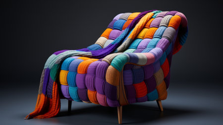 a chair adorned with vibrant, digitally manipulated, and boldly patterned knitted fabric. this unique piece showcases innovative techniques such as photobashing, resulting in a visually striking design. the monochromatic color scheme adds a touch of sophistication, while the vivid colors bring the chair to life. this photo is captured in stunning 32k uhd resolution. ai generatedの素材