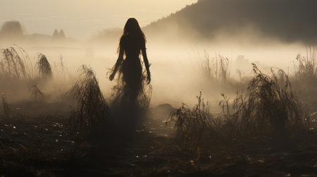 an open field covered in dense fog sets the eerie atmosphere for this dark fantasy-themed photo. the soft lighting enhances the portraits of mysterious creatures, capturing their flowing silhouettes. the frayed and skeletal elements add an element of intrigue, while the golden light adds a touch of contemporary allure. a contemporary siren emerges from the mist, captivating and enchanting all who behold her. ai generatedの素材