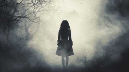 a girl stands amidst the fog and trees on a wood road during the haunting fall season. the atmosphere is reminiscent of nightmarish creatures and victorian-era clothing, with dark white and gray tones. her flowing silhouette adds to the sombre and intriguingly taboo ambiance of the scene. ai generatedの素材