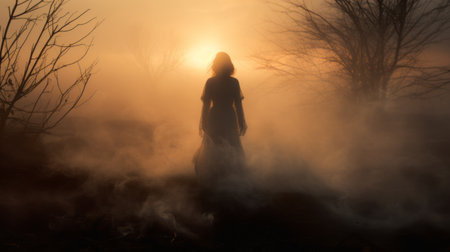 a woman stands in the fog amidst trees and lights as the sun sets, creating a haunting figurative scene. the atmosphere is reminiscent of a dark, ghostly presence, with a storybook-like quality. the image showcases a blend of dark whites and ambers, evoking a historical genre scene with a touch of halloween ambiance. ai generatedの素材
