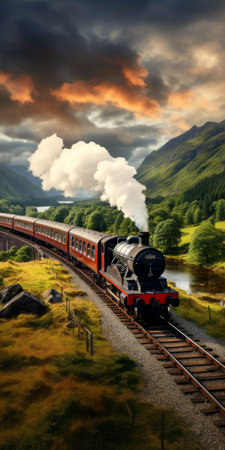 a train journeying through the cloudy skies of a scottish landscape, showcasing richly detailed backgrounds and a vibrant play of light and shadow. this photo captures an epic fantasy scene with photo-realistic techniques, displaying polished craftsmanship and a classic aesthetic. ai generatedの素材