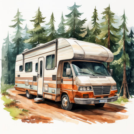 watercolor camper van in the forest, featuring realistic attention to detail and provia-like illustrations. this uhd image captures the essence of a caricature-like scene, reminiscent of the works of jean restout the younger, stephen shortridge, and zinaida serebriakova. ai generatedの素材