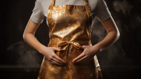 Foto de young woman in gold apron with smoke, showcasing metallic texture and luxurious fabrics. the ink-washed background adds depth, while selective focus and foreshortening techniques create a captivating composition. clean-lined and exuding domesticity, this photo captures the essence of elegance and sophistication. ai generated - Imagen libre de derechos