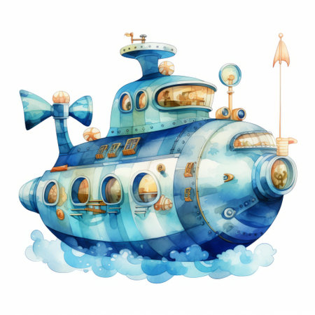 cartoon submarine illustration drawing on white background, featuring dreamy watercolor scenes. this artwork, created by tim shumate, showcases a combination of bronze and azure colors. the mechanized forms of the submarine are reminiscent of the works of gustave van de woestijne. this captivating illustration brings together all of these elements in a unique and visually appealing way. ai generatedの素材