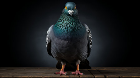 a pigeon stands on the hardwood floor, showcasing a powerful portrait in dark gray and emerald hues. captured through a large format lens, the explosive pigmentation of the bird's feathers is enhanced, creating a striking contrast against the dark azure and bronze backdrop. this captivating image, taken by nelleke pieters, captures the pigeon's strong facial expression. ai generatedの素材