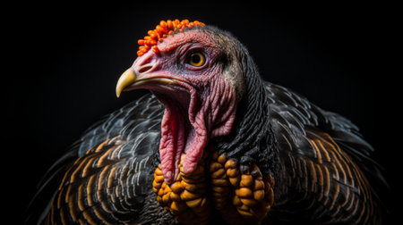 the turkey's head is the main focus of this photograph, captured against a black background. inspired by the style of matthias haker, the image showcases the intricate details of the turkey's features. shot with a tokina at-x 11-16mm f/2.8 pro dx ii lens, the photograph exhibits bold colors and strong lines reminiscent of alma woodsey thomas's artwork. the high-resolution image, reminiscent of john james audubon'sの素材