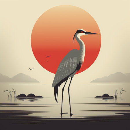 a bird stands gracefully in the water, showcasing a tonalist color scheme. the highly detailed illustration captures the beauty of this scene, with a blend of orange and gray hues. this artwork reflects the style of range murata, reminiscent of golden age and mid-century illustrations. ai generatedの素材