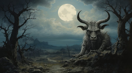 a big bull with massive horns dominates the surrealistic horror-themed desktop wallpaper. the dark and moody landscape sets the eerie tone, reminiscent of the witchcore aesthetic. the color palette features a combination of light yellow and dark gray, creating a haunting atmosphere. captured with the zeiss milvus 25mm f/1.4 ze lens, this commissioned artwork embodies the angura kei style. ai generatedの素材