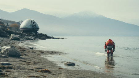 a robotnik walks on the beach, mountains looming in the misty background. the image, inspired by laura makabresku's style, features fluffy, foreboding colors and ethereal light. the robot's emotionally complex, pensive poses are captured in soft and dreamy, realist portraiture. this dreamy vignette resembles a light-filled movie still. ai generatedの素材