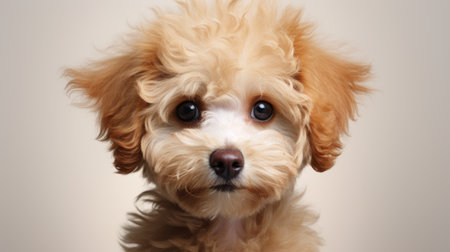 a cute puppy with a poodlepunk style is captured in this photo, set against a gray background with a vignetting effect. the light crimson and light amber tones add a unique touch to the image. the focus is on the puppy's adorable facial expression, enhanced by the cross processing technique. this photo is available under the creative commons attribution license and was taken with aの素材