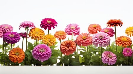 colorful flowers in shades of light orange and magenta are beautifully arranged along a white background. this stunning composition, reminiscent of anne geddes' style, showcases subdued yet vibrant colors. the influence of carsten holler's colorful gardens is evident, while softbox lighting enhances the delicate hues of light magenta and green. ai generatedの素材