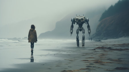 johnny 5, the robot from the movie, "short circuit," is captured in a dreamy and ethereal moment on a misty beach. with majestic mountains in the background, the image exudes a sense of mystery and contemplation. the soft focus and fluffy colors, reminiscent of laura makabresku's style, create a dreamlike atmosphere. this portrait of johnny 5 is emotionally complex, portraying the robot in pensive poses,の素材