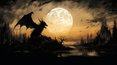 dragon on the river wallpaper: this full hd 2300p image showcases a digitally enhanced illustration of a dragon in a dark and spooky style. the dark yellow and black tones create a mysterious atmosphere, while the detailed character illustrations and bold shadows add depth. this romantic landscape, created by robert s. duncanson, is perfect for those who appreciate intricate and captivating artwork. ai generatedの素材
