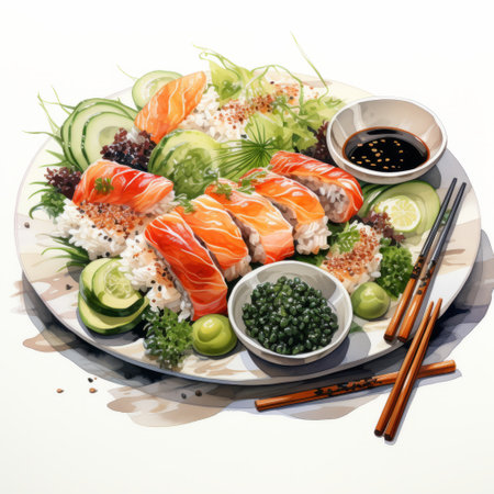a photo of a japanese-style fish and seafood dinner, featuring a delicious spread of dishes such as fried rice, grilled salmon, and other delectable treats. the artwork is inspired by the hyperrealistic illustrations of christoffer relander and asaf hanuka, with a realistic color palette of light crimson and green. the image showcases the raw materials used in the meal, creating a visually stunning composition. aiの素材