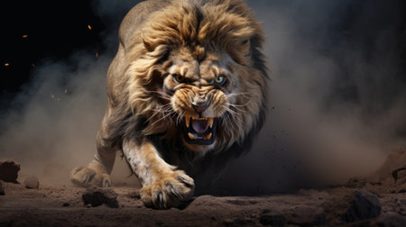 an enormous monster lion, captured in a realistic still life with dramatic lighting, is seen running in the dust. this photorealistic rendering, created using daz3d and vray tracing, showcases the lion's strong facial expression and evokes an emotionally charged atmosphere. the precisionist art style adds depth and detail to this captivating portrait. ai generatedの素材