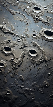 a close-up photo of mercury showcasing its feeble yet beautiful surface, resembling the aridifications found on the moon. the image captures the elegant contrast of sharpness and shallow depth of field, with dark tones that add depth. shot on a 100mm lens with an aperture of f/2.0, the natural lighting enhances the realistic and impressive details. this 8k uhd photo reveals the clearwater-like features ofの素材