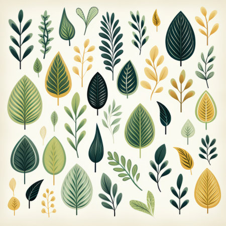 a set of various leaves in a simple style, featuring light emerald and dark beige colors. this mid-century illustration by martin rak showcases whimsical character design. the leaves are depicted in a lush and detailed manner, with accurate and intricate details. the color palette includes light yellow and dark navy shades. ai generatedの素材