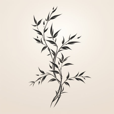 an ancient tree branch with stylized leaves in white on beige vector illustration, influenced by chinese calligraphy. the design features dark black and light black elements, with a minimalistic and clean aesthetic. the tattoo-like artwork showcases soft shading and a realistic yet stylized approach, resulting in a simple and elegant design. ai generatedの素材