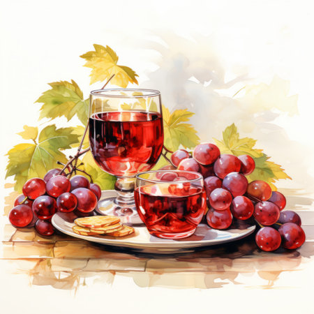 a wine glass and plate of bread are depicted in this realistic watercolor painting by lorenz hideyoshi. the detailed character illustrations showcase light red and violet hues, while the vibrant colors of crimson and amber are seen in the highly detailed foliage. the composition captures the essence of a delightful dining experience. ai generatedの素材