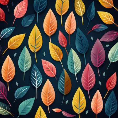 leaves in various colors are displayed against a dark background, featuring playful cartoonish illustrations. the artwork showcases a multilayered texture with soft gradients, inspired by the styles of tanya shatseva and paul corfield. the canvas is texture-rich, incorporating modular patterns. ai generatedの素材
