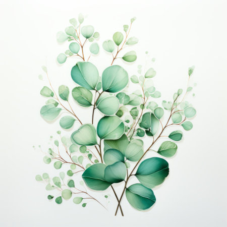 a watercolor painting of a branch with green leaves, resembling delicate paper cutouts. the style features luminous 3d objects in light turquoise and dark aquamarine shades. the use of transparent and translucent medium creates a dimensional multilayering effect. the artwork showcases minimalistic objects with transparent layers. ai generatedの素材