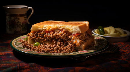 a large grilled beef sandwich, influenced by mexican folk art, is beautifully presented on a plate alongside a steaming bowl of soup. the image is enhanced by dramatic lighting, showcasing the sandwich made of cheese. the composition also features iconic civil rights imagery, adding a thought-provoking element. with blink-and-you-miss-it details, layered fibers, and a captivating color palette of dark orange and red, this photo isの素材