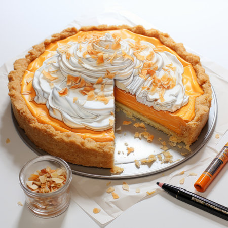 a pie with a single hole cut out of it, showcasing a hyperrealistic pencil drawing style. the pie is depicted in light orange and light gold hues, creating a monochromatic color scheme. the artwork is created using zbrush and features a marbleized effect. the level of detail and hyperrealism is achieved through the use of painting and writing tools. ai generatedの素材