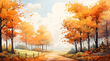 a vibrant fall nature desktop wallpaper featuring a digital painting and drawing style. this colorful cartoon-like illustration showcases a blend of light amber and sky-blue hues. inspired by xbox 360 graphics and the artistic influences of bayard wu and the barbizon school. ai generatedの素材