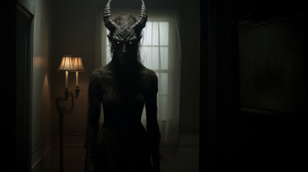 a demon wearing a horned mask stands in a room, captured with the zeiss batis 18mm f2.8 lens. the lighting creates a dramatic claire-obscure effect, enhanced by mist and delicate details. this full-body shot skillfully captures the essence of suburban ennui, with a touch of darkness and intrigue. ai generatedの素材