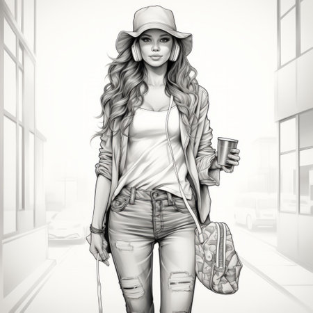 a fashion illustration of a young woman with glasses and a purse walking down a street. this monochrome portrait showcases highly detailed and realistic landscapes with soft edges. the illustration exudes a youthful vibe, with its gray and beige color palette. the composition is captivating and visually appealing. ai generatedの素材