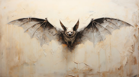a white bat painted on an old wall in a post-apocalyptic futurism style. this large-scale painting features dark beige and amber tones, capturing the essence of realistic animal portraits. the image exudes a junglecore vibe with its dramatic and somber religious undertones, creating an expansive and captivating visual experience. ai generatedの素材