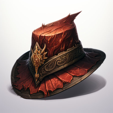 the world of warcraft legendary hat, created by world_of_warcraft, showcases a stunning blend of victorian-inspired illustrations. with its light crimson and bronze hues, this artwork captivates viewers with its hyper-realistic details and sharp angles. the dynamic brushstrokes add a sense of movement, while the heatwave effect and sabattier filter enhance the overall visual impact. ai generatedの素材