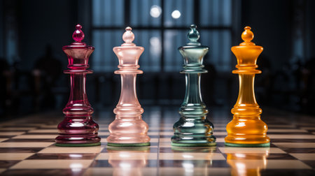a photo of kings, a king and queen, captured in vibrant pastels and tonal variations. the transparent glass and chesspiece design, reminiscent of the style found in unreal engine 5, showcases classical precision and polished craftsmanship. the dark teal and pink hues add depth and intrigue to this visually striking image. ai generatedの素材