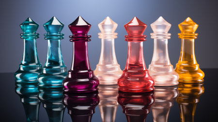 glass chess pawns are lined up on a black reflective surface, showcasing a striking combination of light indigo and magenta. the bold color blends evoke the artistic style of the bechers typologies, with hints of light crimson and emerald reminiscent of baroque-inspired still lifes. the image has a cross-processed look, resembling realistic watercolors. ai generatedの素材