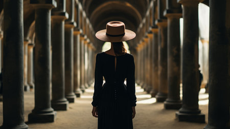 a woman stands in the middle of an archway, exuding an air of mysterious elegance. the photo captures her in a back button focus, highlighting her presence. the setting evokes a sense of writer academia, while the dark beige and black color scheme adds to the overall allure. the woman's unique and one-of-a-kind pieces complement the monumental ensembles surrounding her. ai generatedの素材