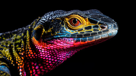 a colorful lizard basking in a bright light, showcasing vibrant hues of dark black and pink. this close-up, 32k uhd photograph captures the lizard's evocative environmental portrait. with a touch of post-processing, this stunning image in the style of tanbi kei is a captivating addition to any collection. found on flickr. ai generatedの素材