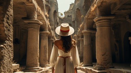a woman in an elegant red hat is seen walking down a city aqueduct, reminiscent of romantic ruins. the aqueduct stands out in white and beige tones, creating a captivating contrast. this captivating photograph captures the essence of travel and exploration, with a touch of artistic influence from ramses younan and silvia pelissero. the solarizing technique adds a unique and mesmerizing effect to the image.の素材