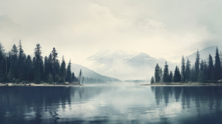 mountains on a lake near trees, captured in a vintage style by mark lovett. this hd wallpaper showcases layered imagery with a subtle irony, creating an atmospheric and dreamy effect. the smokey background adds to the sense of quiet contemplation, making it a perfect choice for those seeking a matte photo with a touch of nostalgia. ai generatedの素材