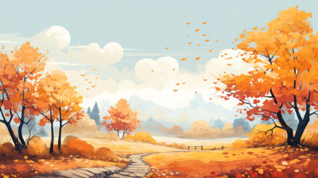 an autumn trees landscape with a light sky-blue background, this art illustration (image 113863943) captures the essence of a pastoral landscape. the detailed character illustrations in the style of 2d game art add a touch of whimsy to this nature-inspired scene. with its free brushwork and ultra-high-definition quality, this image is a stunning visual representation of the beauty of autumn. ai generatedの素材