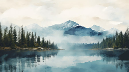 a serene forest landscape featuring tall trees and a peaceful body of water, captured in the style of a digital painting. the mountainous vistas add depth to the scene, while the color palette of light beige and dark aquamarine creates a soothing ambiance. this high-resolution uhd image embodies the essence of cabincore and showcases the tranquility of calm waters. a captivating photo worthy of nationalの素材